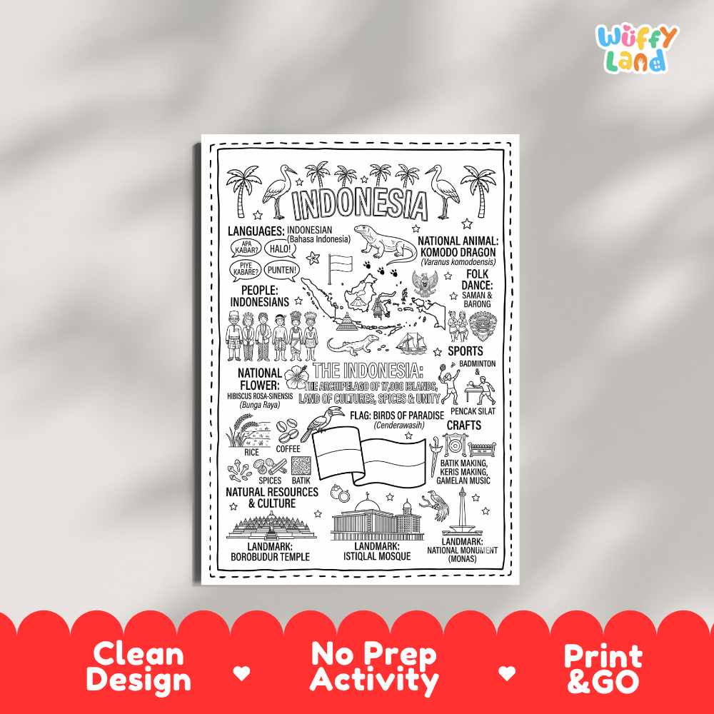 Educational activity coloring page highlighting Indonesian Komodo Dragon Varanus komodoensis, Bird of Paradise Cenderawasih, and flag