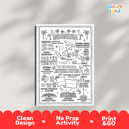 Educational activity coloring page highlighting Indonesian Komodo Dragon Varanus komodoensis, Bird of Paradise Cenderawasih, and flag