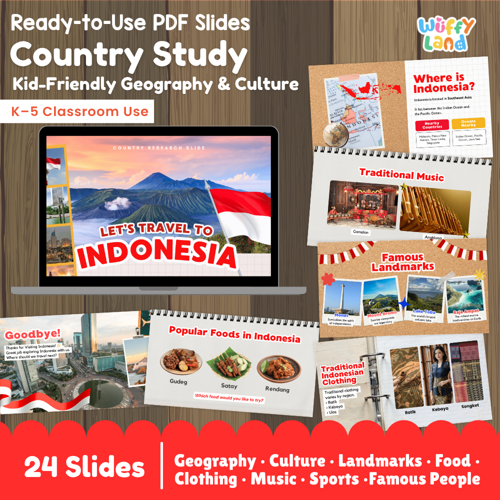 Digital product preview for a 'Country Study: Indonesia' educational slide set by Wiffly Land. The graphic displays a collection of 24 kid-friendly geography and culture slides, including a laptop mockup showing a slide about Mount Bromo, a traditional Indonesian flag, food photos, and cultural landmarks, all arranged on a dark wood panel background.