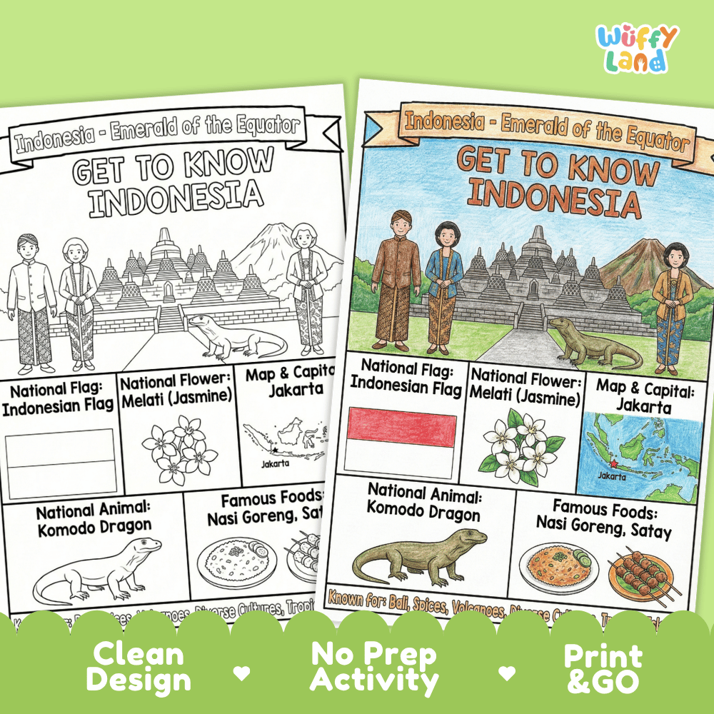 Indonesia Geography Coloring Poster and Fact Sheet Printables