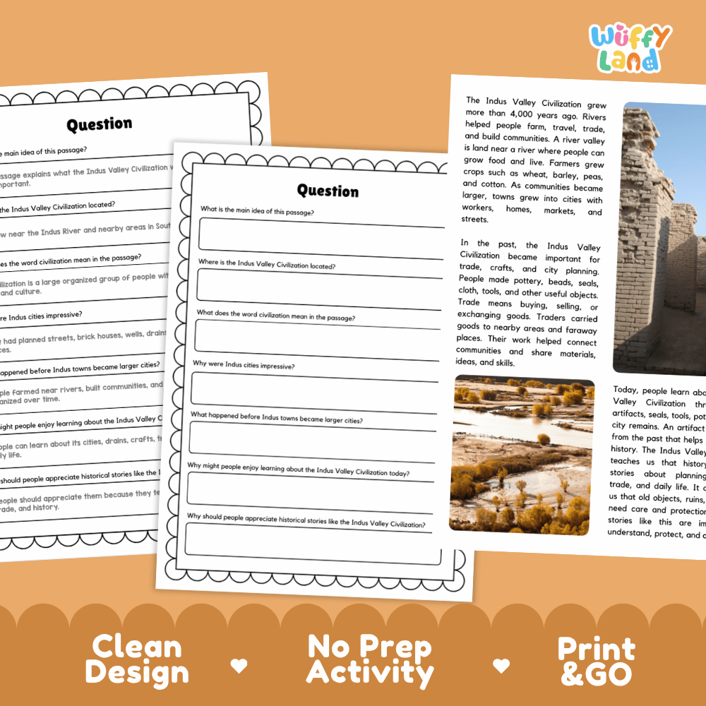 Student reading passage titled An Ancient Civilization in South Asia detailing Indus Valley history brick cities drainage systems and river valley photography