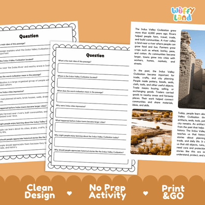 Student reading passage titled An Ancient Civilization in South Asia detailing Indus Valley history brick cities drainage systems and river valley photography