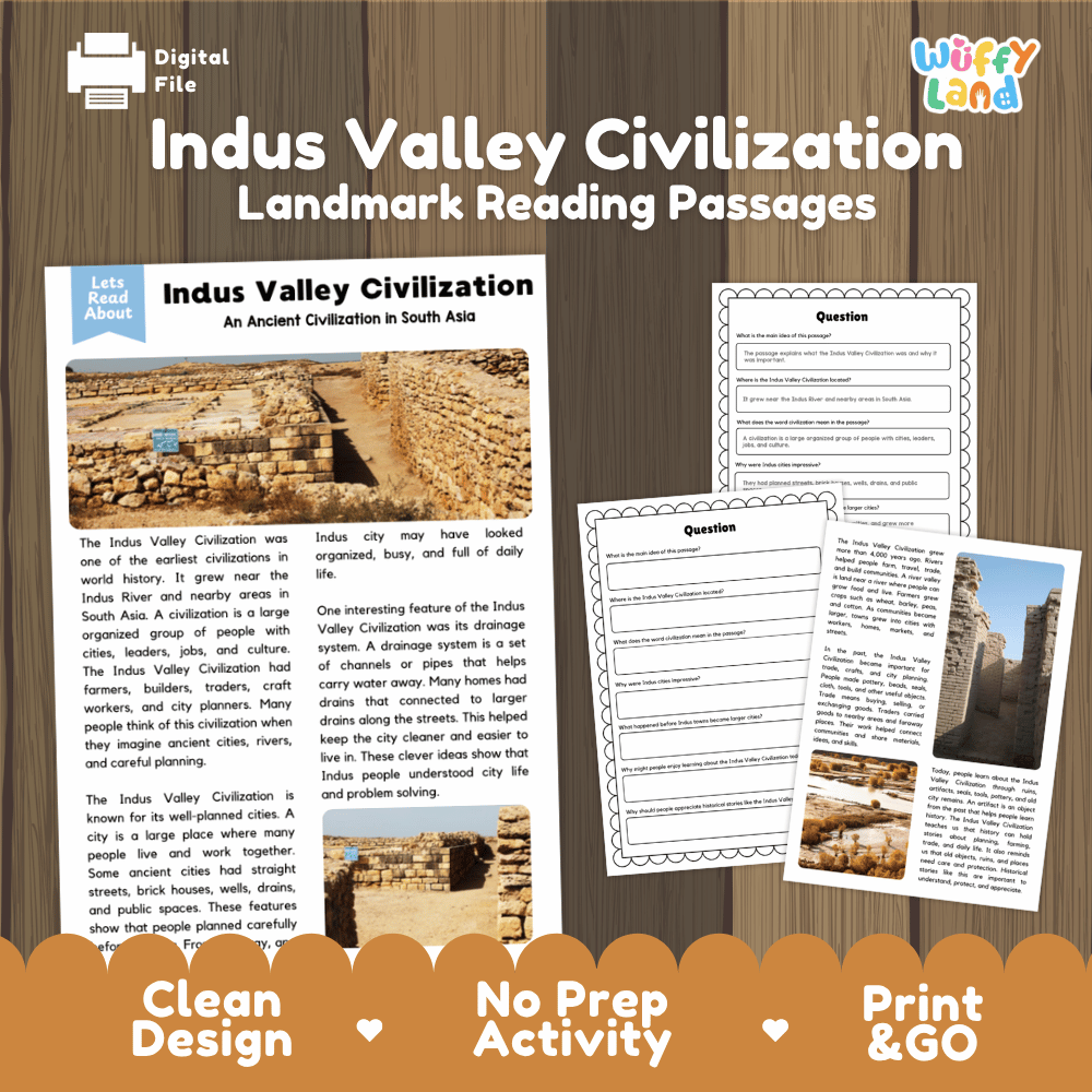 Indus Valley Civilization landmark reading passages educational study unit featuring nonfiction reading worksheets and authentic ancient brick city ruins photography