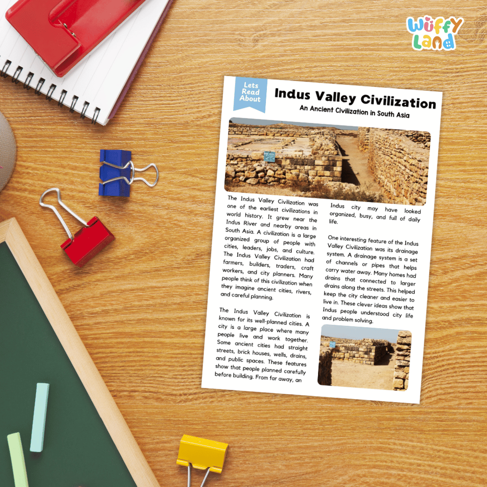 Lined reading comprehension question worksheet covering main ideas vocabulary terms and landmark facts about the Indus Valley Civilization