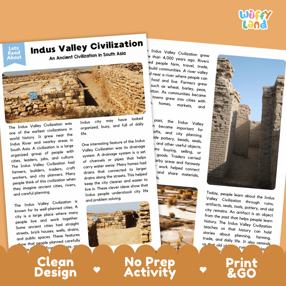 Reference sheet and answer key for Indus Valley Civilization landmark reading passage displaying completed comprehension answers and ancient South Asian history facts