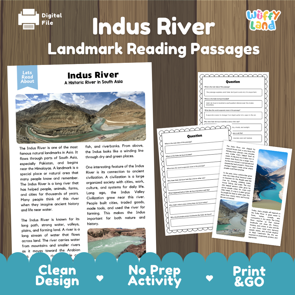 Digital reading activity bundle for 'Indus River Landmark Reading Passages' by Wiffly Land, featuring a clean mockup of a printed worksheet page and two interactive question cards on a dark wood background with a blue banner at the bottom.