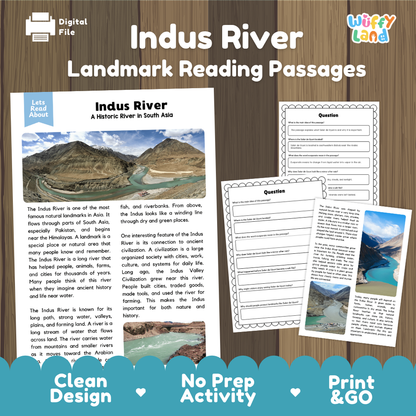 Digital reading activity bundle for 'Indus River Landmark Reading Passages' by Wiffly Land, featuring a clean mockup of a printed worksheet page and two interactive question cards on a dark wood background with a blue banner at the bottom.