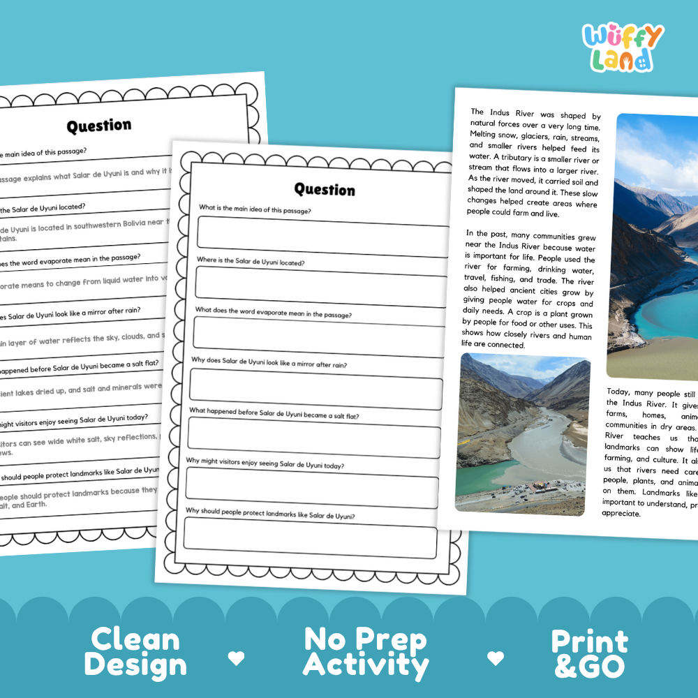 Three printable worksheet pages for a geography activity about the Salier River and Salier State are shown on a white background with a blue decorative footer. The pages include text prompts and a small landscape photo.