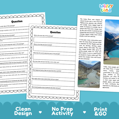 Three printable worksheet pages for a geography activity about the Salier River and Salier State are shown on a white background with a blue decorative footer. The pages include text prompts and a small landscape photo.
