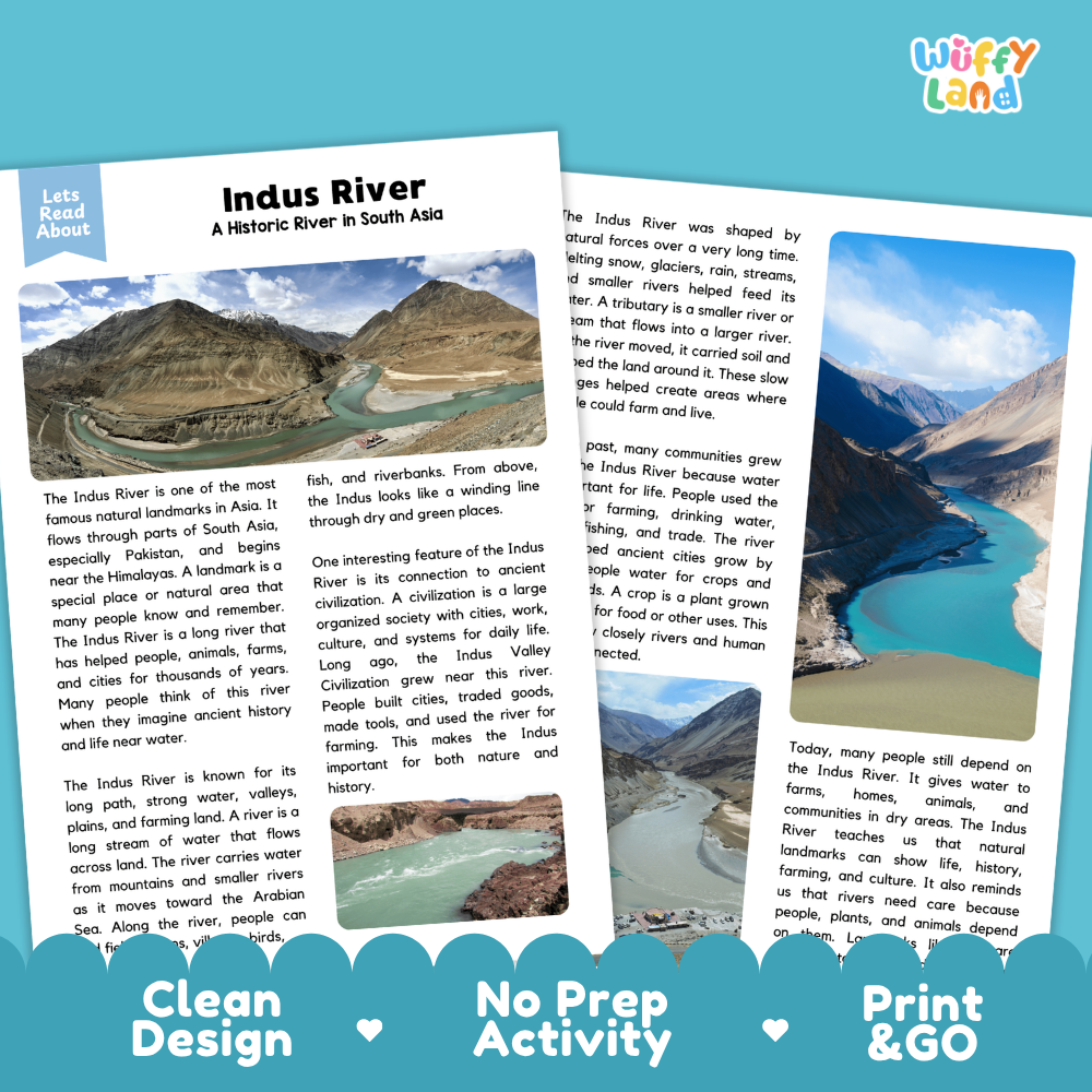 Two printed educational activity sheets about the Indus River in South Asia, laid flat on a white background with a decorative blue banner reading 'Lets Read About' and text at the bottom saying 'Clean Design', 'No Prep Activity', and 'Print & GO'.