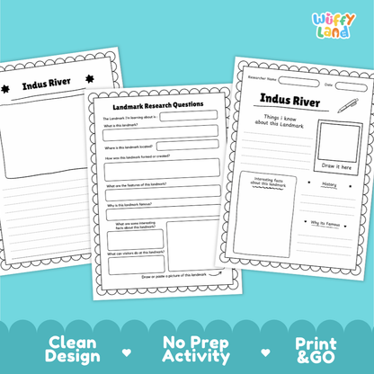 Three printable worksheet pages for Indus River landmarker research, shown on a bright aqua background with the Wiffy Land logo and feature badges at the bottom.