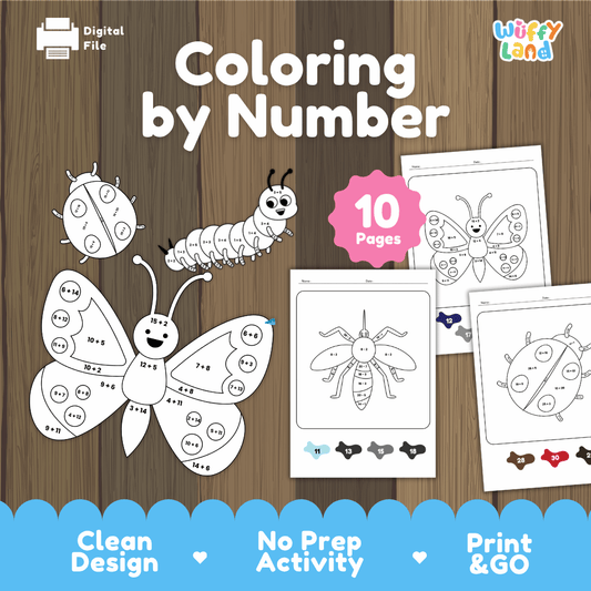 Color by number and math facts 10-page printable worksheets bundle overview from Wuffy Land featuring butterfly, caterpillar, and ladybug addition and subtraction coloring pages 🦋🖍️