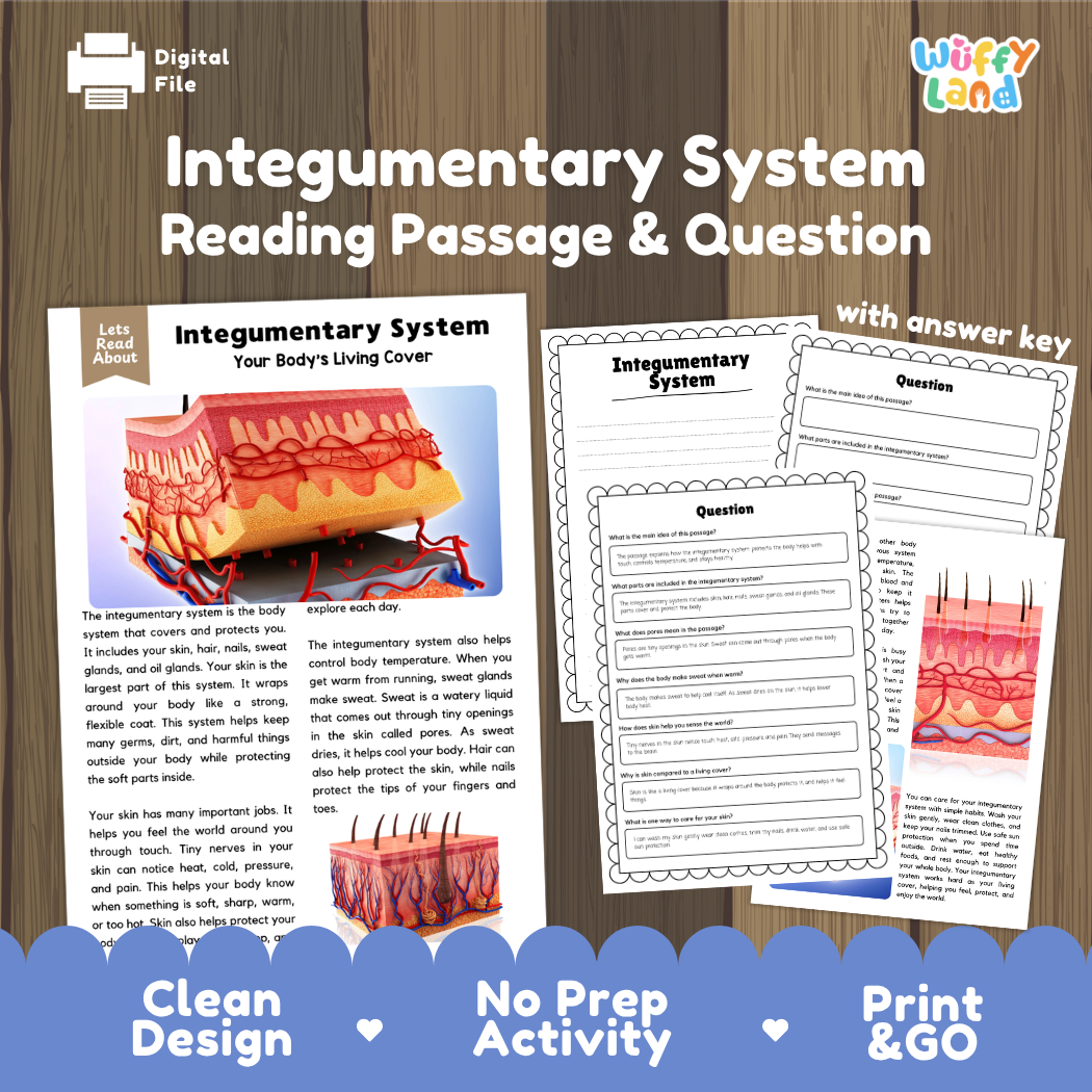 Integumentary system reading comprehension passage and questions printable activity pack with answer key for elementary students