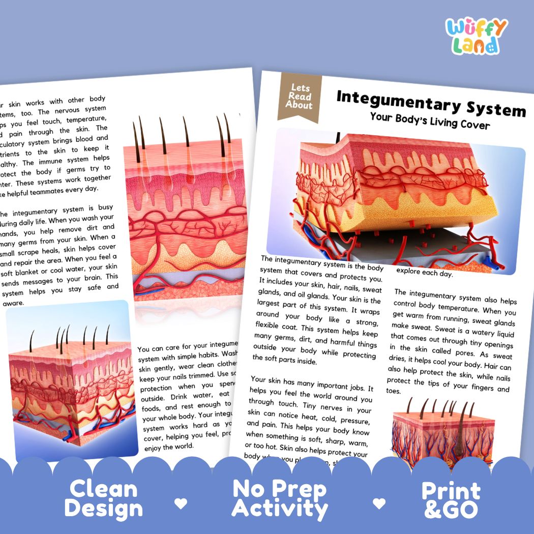 Teacher answer key page showing complete question solutions for Integumentary System human body reading comprehension practice