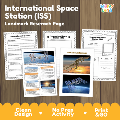 A product listing graphic for a 'Landmark Research Page' about the International Space Station (ISS) by the brand 'Wiffly Land'. The graphic shows several printed educational worksheets and reference pages fanned out against a brown wood-grain background.
