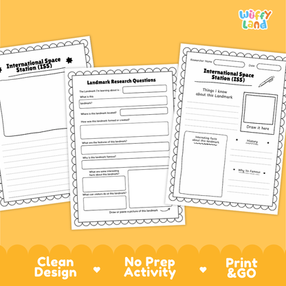 Three printable worksheet pages for International Space Station (ISS) landmark research are shown on a bright yellow background. The pages have white backgrounds with black and gray text and decorative scalloped borders.
