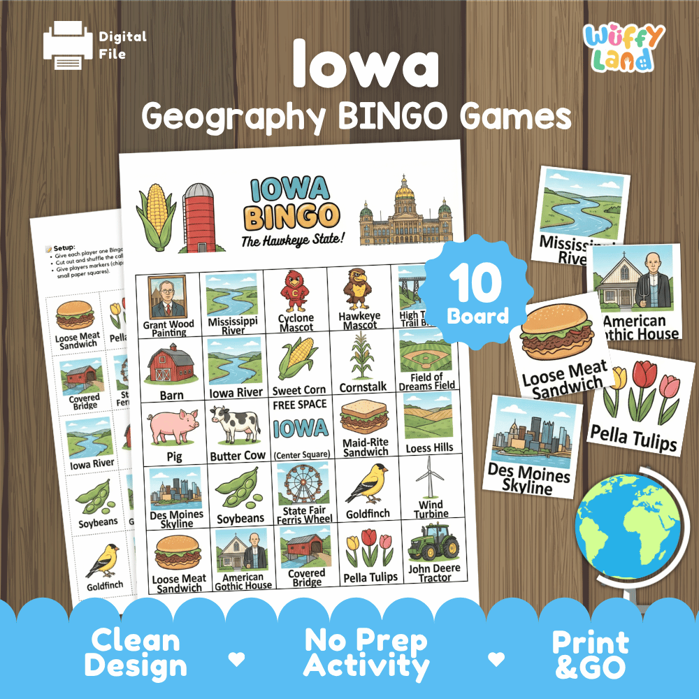 Iowa Geography BINGO Games Printable Activity Boards