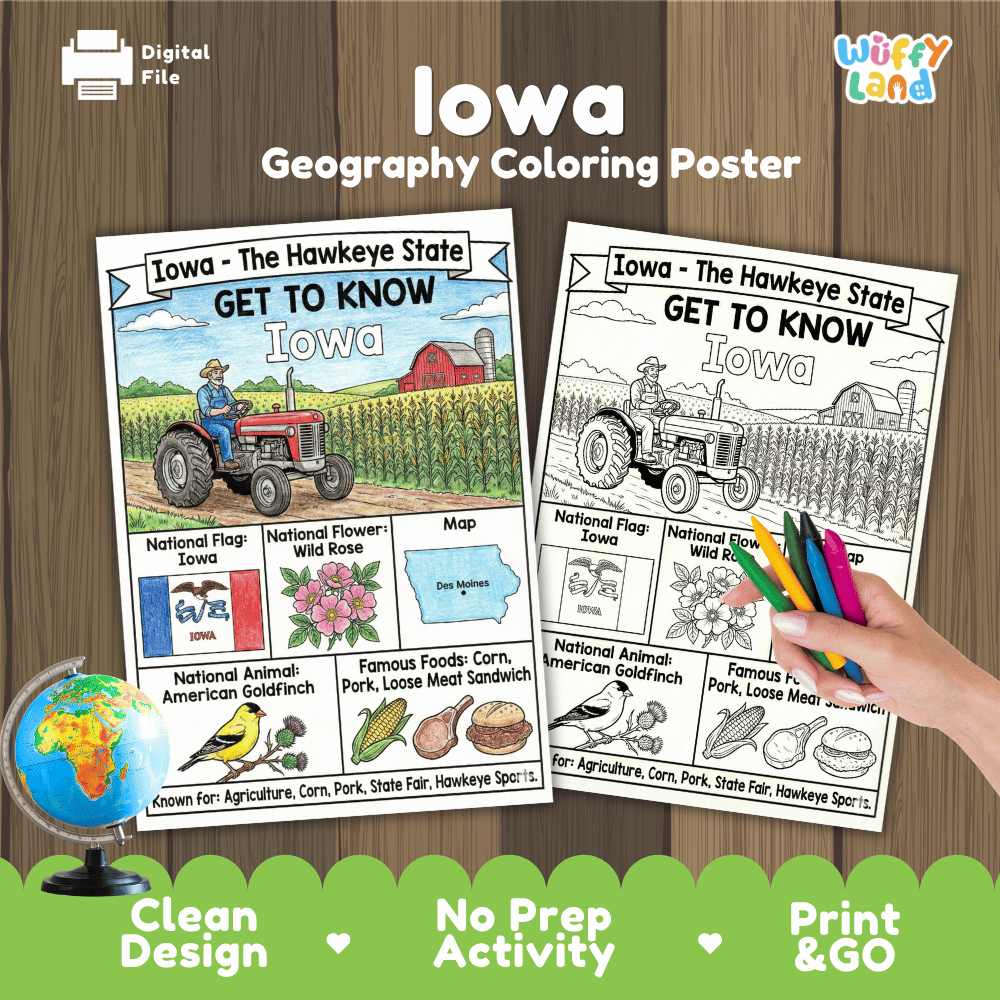 Iowa Geography Coloring Poster Worksheets
