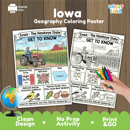 Iowa Geography Coloring Poster Worksheets