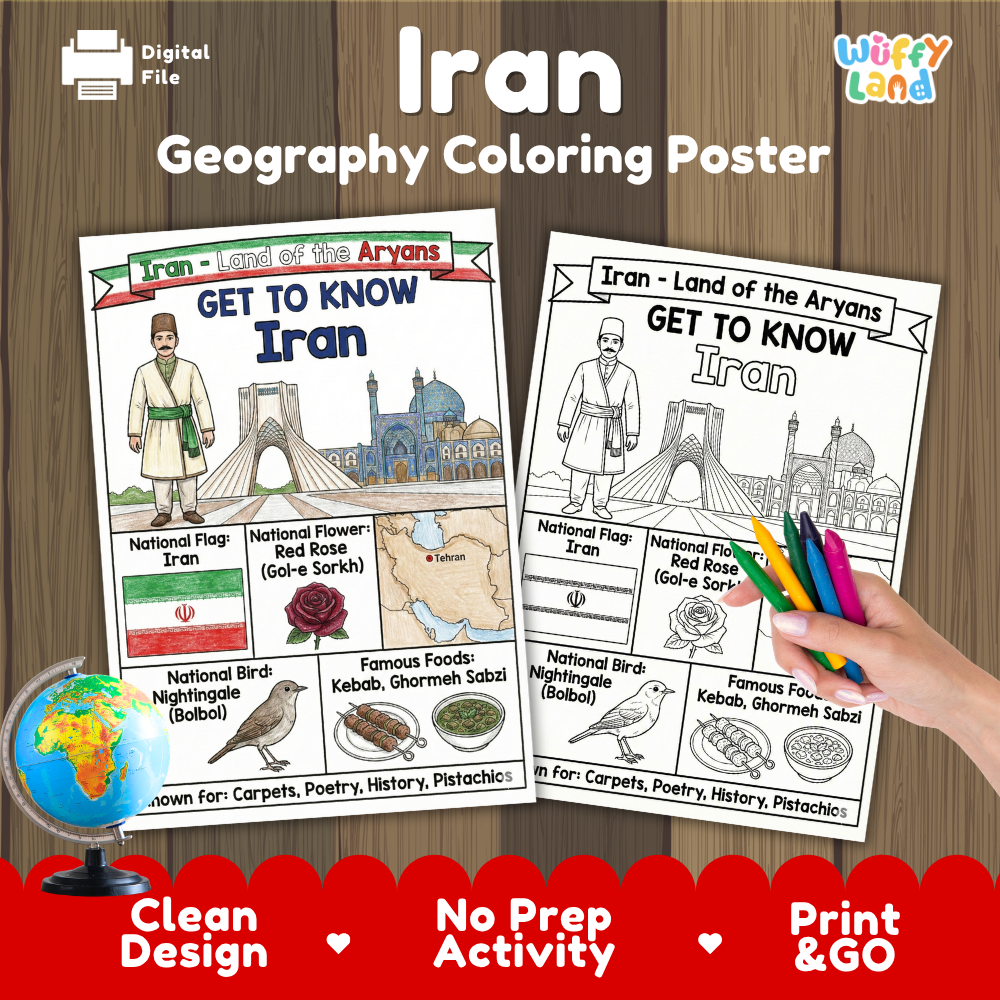 Get to know Iran coloring poster paired with photo flashcards of Pink Mosque, Koobideh Kebab, Seyyed Mosque, and Lut Desert