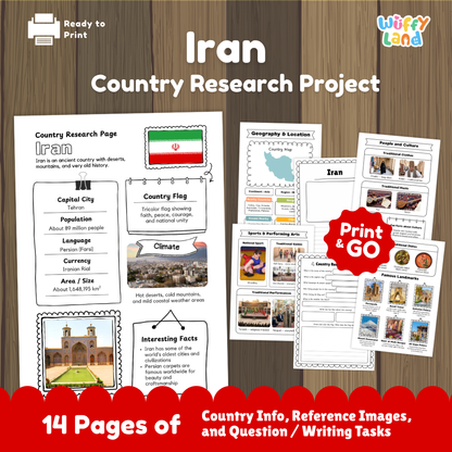 Student country research worksheet on Iran featuring national flag, Tehran capital city facts, climate, and geography map