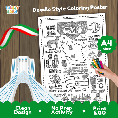 Iran country study doodle style coloring poster printable page featuring map, Azadi Tower, and cultural symbols