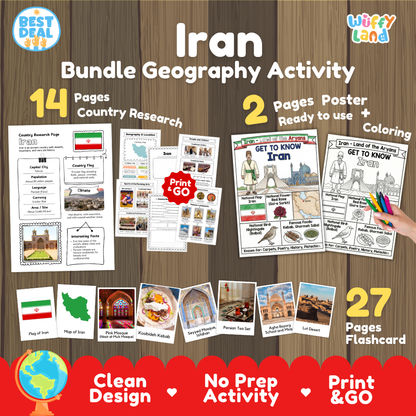 Iran geography activity bundle cover showing 14 country research pages, 2 ready to use coloring posters, and 27 photo flashcards