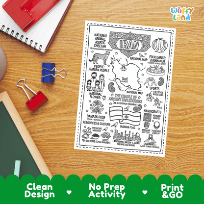 Doodle map coloring sheet showing Iran, Tehran Azadi Tower, ancient Persepolis ruins, and Naqsh-e Jahan Square