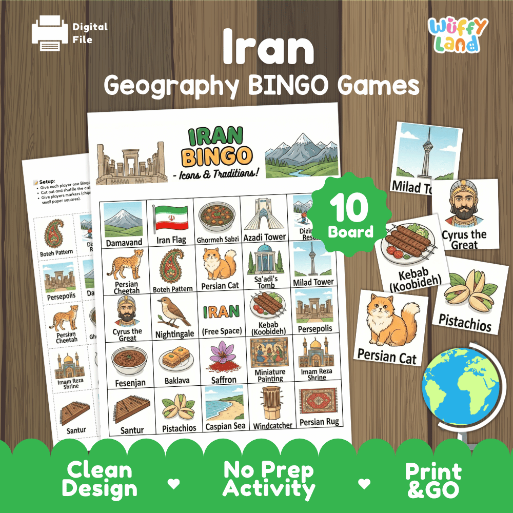 Iran Geography BINGO Games Printable Activity Boards