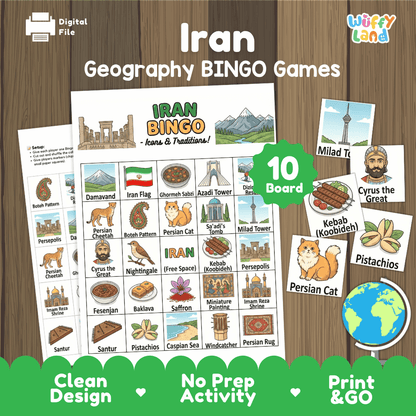 Iran Geography BINGO Games Printable Activity Boards