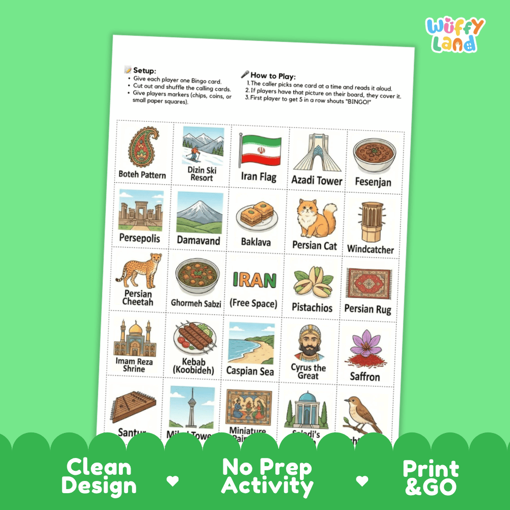Iran Geography BINGO Games Printable Activity Boards