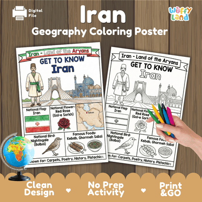 Iran Geography Coloring Poster | Country Study Research Worksheet Activity