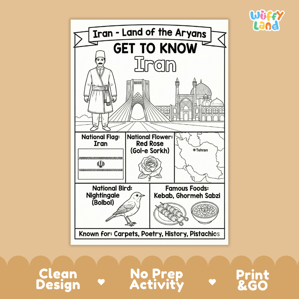 Iran Geography Coloring Poster | Country Study Research Worksheet Activity