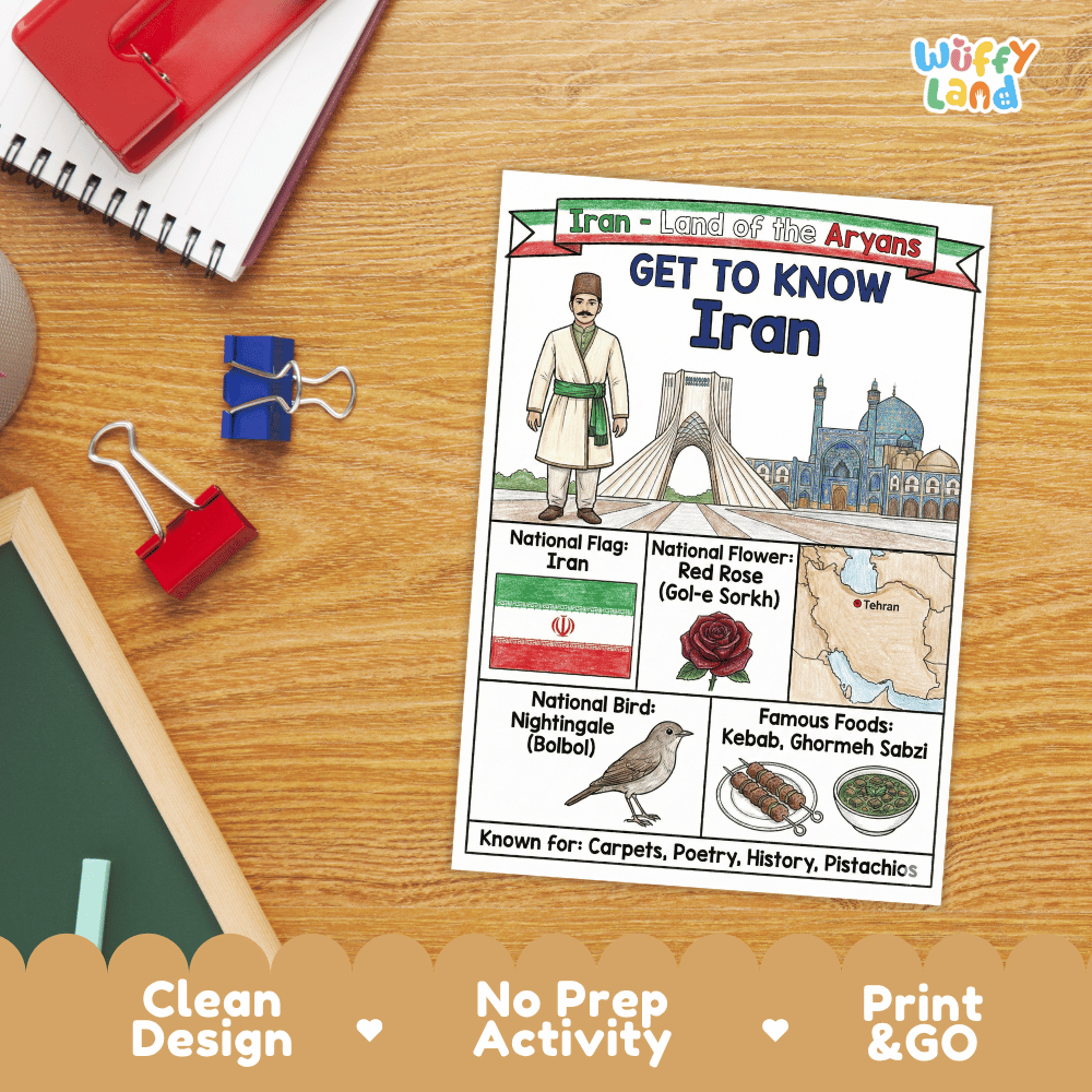 Iran Geography Coloring Poster | Country Study Research Worksheet Activity