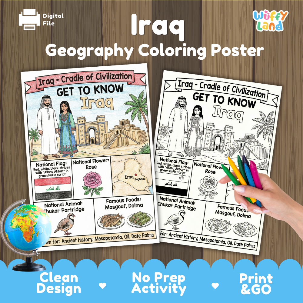 Get to know Iraq coloring poster paired with photo flashcards of Golden Mosque, Al-Zawraa Park, grilled Masgouf fish, and Kilim carpets
