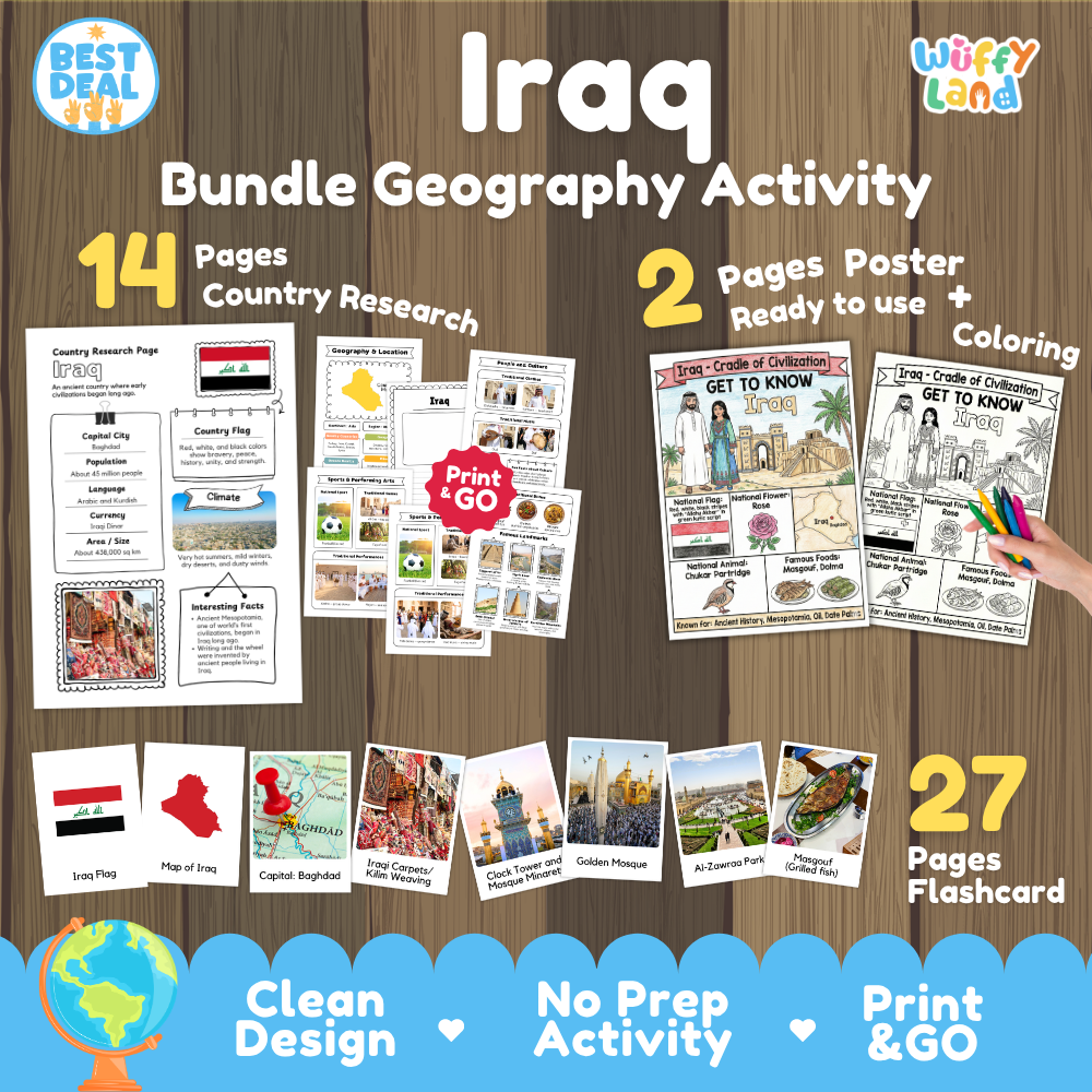 Iraq geography activity bundle cover showing 14 country research pages, 2 ready to use coloring posters, and 27 photo flashcards