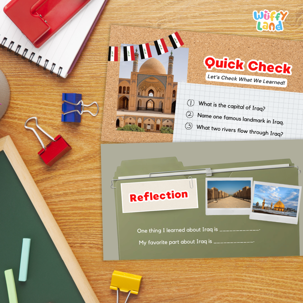 Educational quick check and reflection worksheet pages about Iraq displayed on a wooden desk with school supplies including binder clips, chalk, a notebook, and a green board.