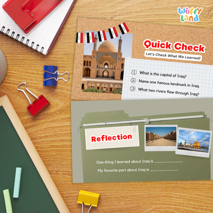 Educational quick check and reflection worksheet pages about Iraq displayed on a wooden desk with school supplies including binder clips, chalk, a notebook, and a green board.