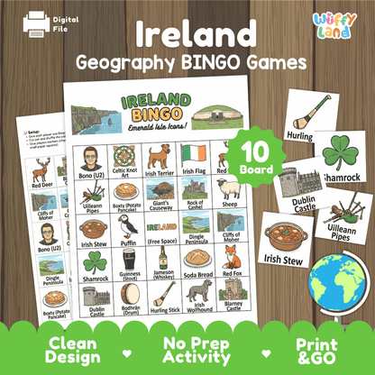 Classroom educational Bingo game cards featuring Dublin Castle, Irish Stew, Uilleann Pipes, and Hurling Stick 🎲☘️