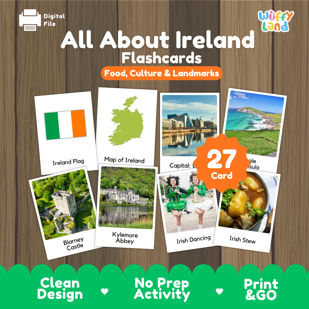 Belfast City Hall garden coloring pages paired with photo flashcards of Dingle Peninsula, Blarney Castle, Kylemore Abbey, and Irish Stew