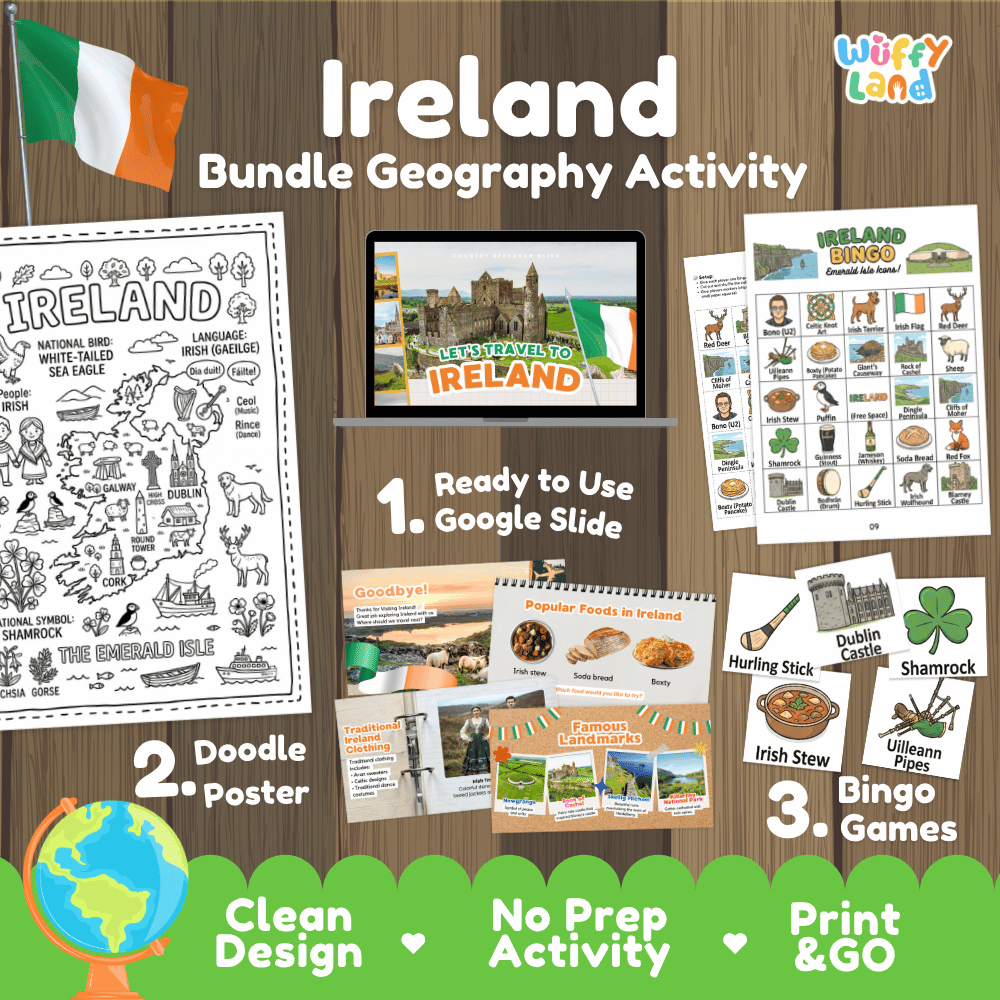Complete Ireland geography activity bundle featuring Google Slides, doodle coloring poster, and classroom bingo games 🇮🇪🎒