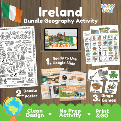 Complete Ireland geography activity bundle featuring Google Slides, doodle coloring poster, and classroom bingo games 🇮🇪🎒