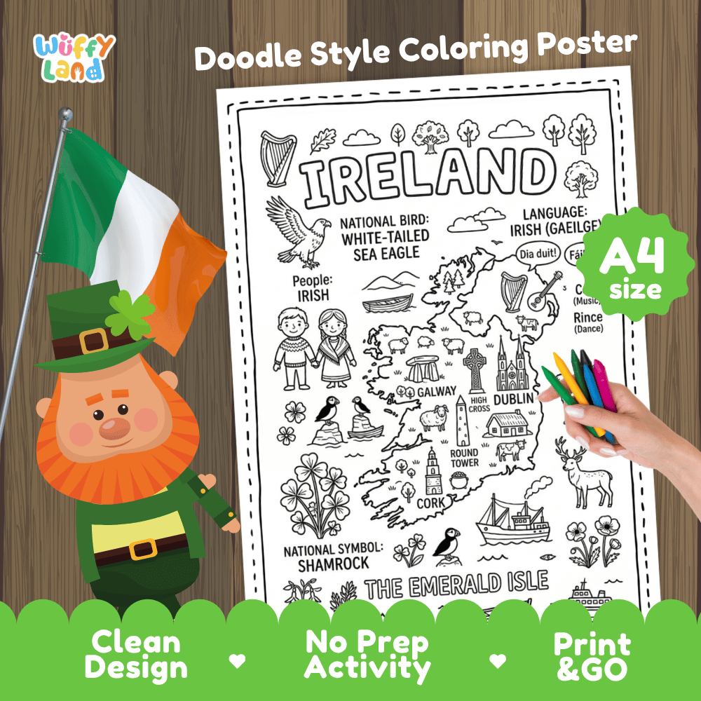 Ireland country study doodle style coloring poster printable page featuring map, landmarks, and cultural symbols