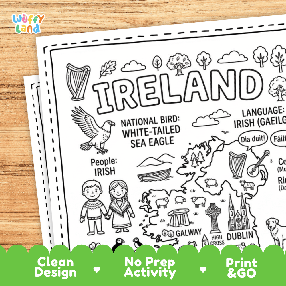 Cultural coloring page featuring traditional Irish costumes, harp music, folk dance, and Irish greeting speech bubbles