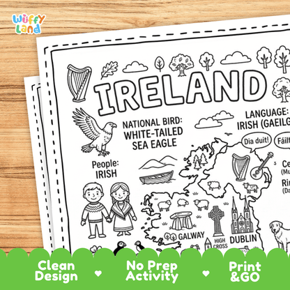 Cultural coloring page featuring traditional Irish costumes, harp music, folk dance, and Irish greeting speech bubbles