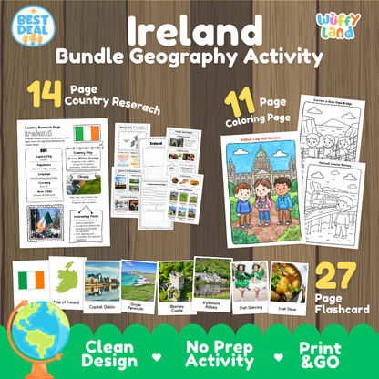 Ireland geography activity bundle cover showing 14 country research pages, 11 coloring pages, and 27 photo flashcards