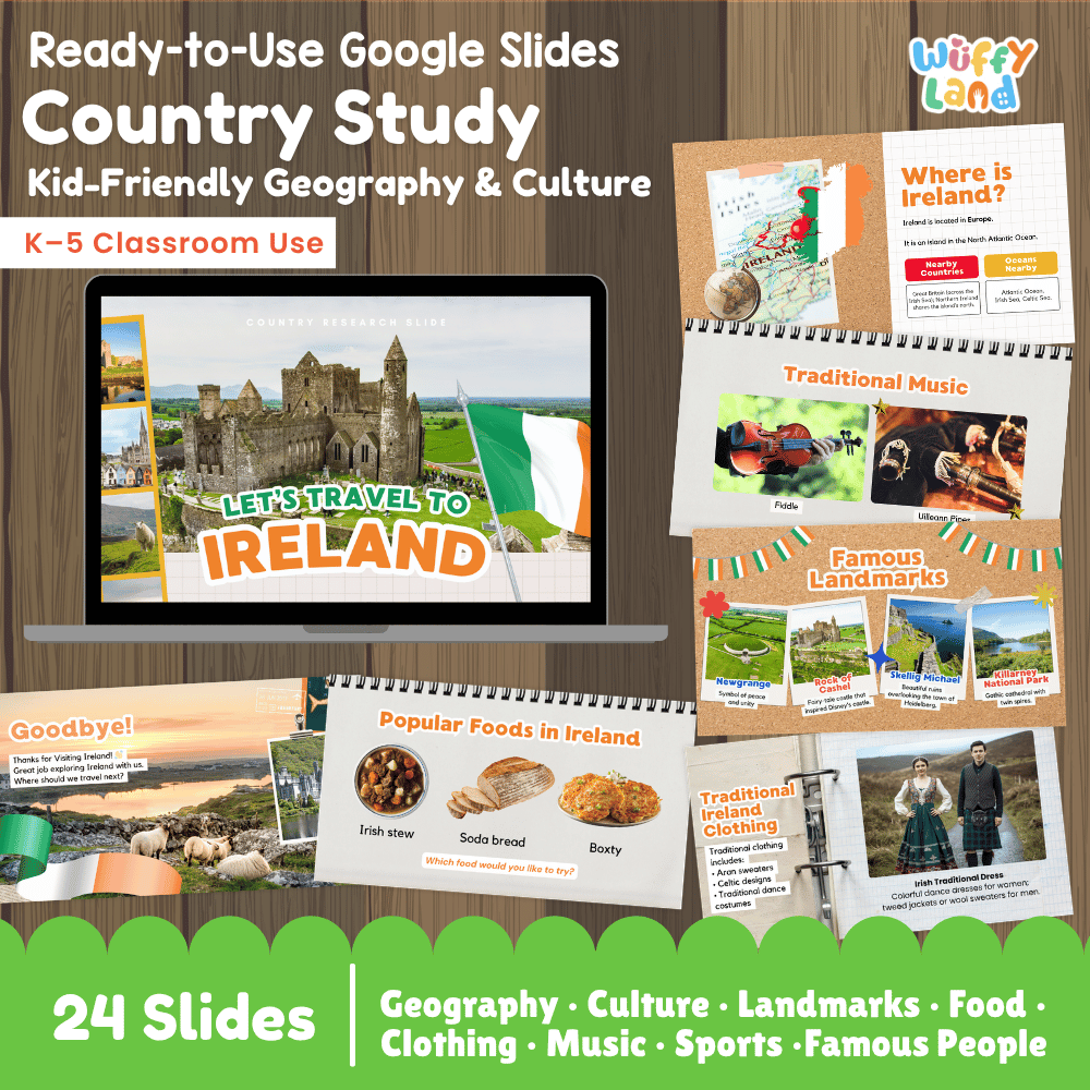Interactive Google Slides deck displaying famous Irish landmarks like Rock of Cashel and traditional foods like Irish Stew 💻🏰