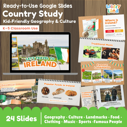Interactive Google Slides deck displaying famous Irish landmarks like Rock of Cashel and traditional foods like Irish Stew 💻🏰