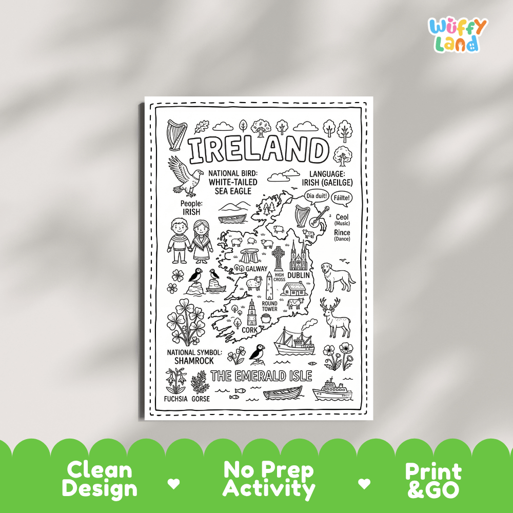 Educational activity coloring page highlighting Ireland's symbols the White-Tailed Sea Eagle, shamrock, harp, and puffin