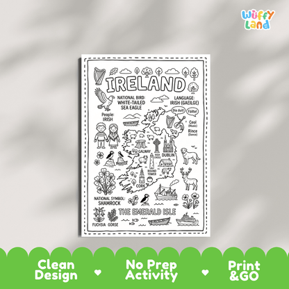 Educational activity coloring page highlighting Ireland's symbols the White-Tailed Sea Eagle, shamrock, harp, and puffin